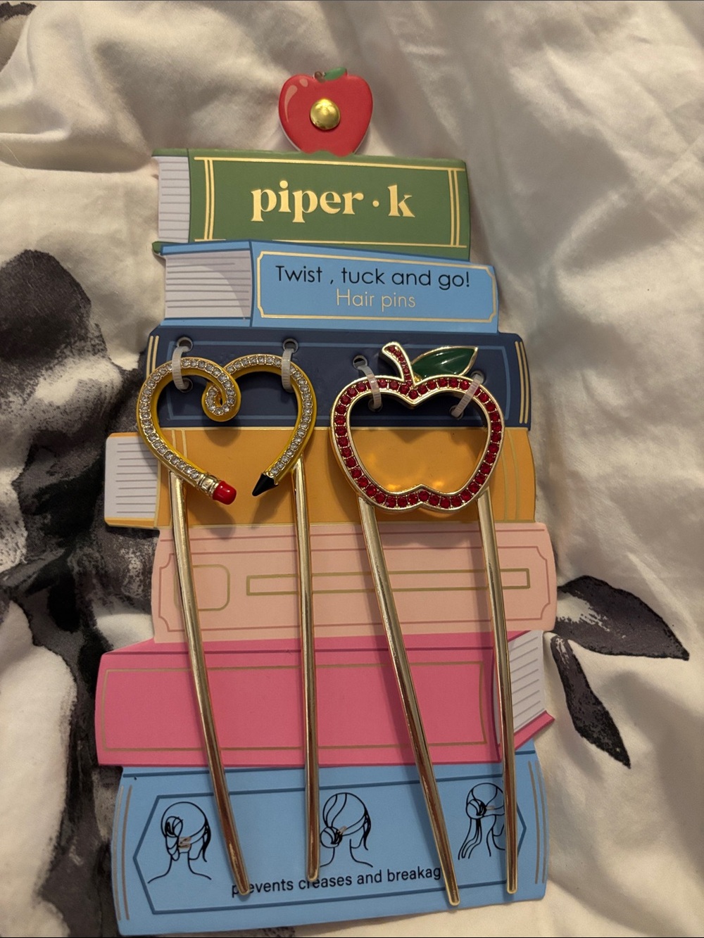 piper·k Gold Apple & Heart Hair Pins — Red and Green Accents